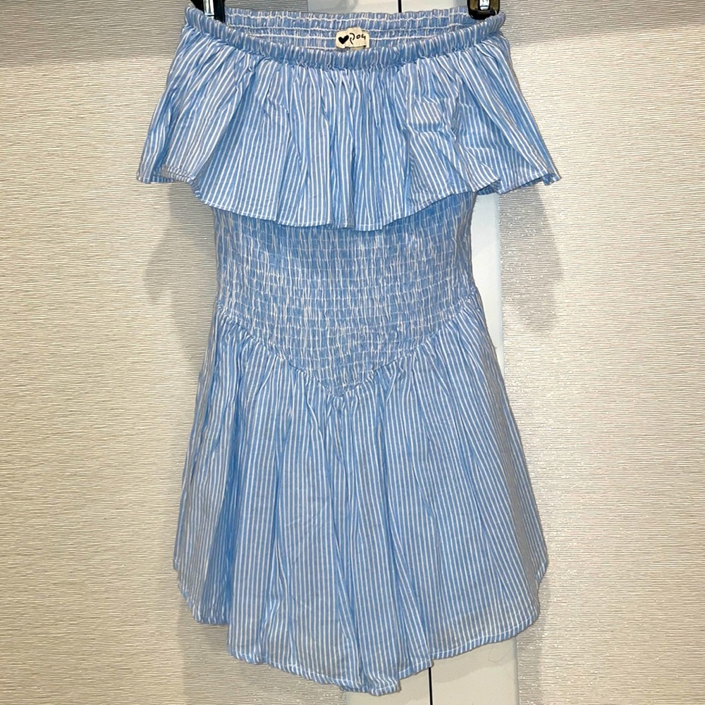 ADORABLE ROMPER! Off the shoulder blue and white stripped romper!